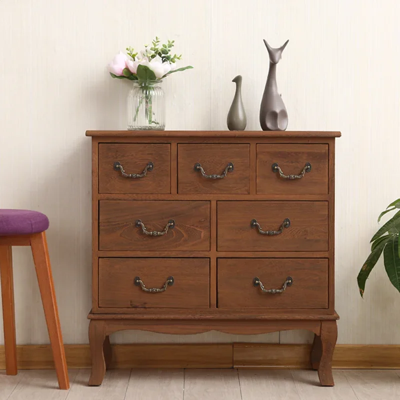 Charming Pastoral Wind Solid Wood Seven Bucket Cabinet Chest of Drawers Bedroom Night Stand Simple Home Furniture for Cozy