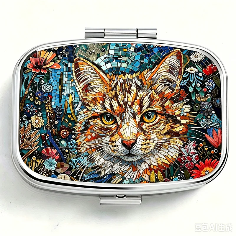 No import charges(2D Flat) 1pc Spring Renewal Charming Portable Circular Metal Pill Box Featuring Exquisite Embossed Details Showcasing a Blue-Eyed Long-Haired Cat And Floral Motifs Ideal for Daily 2X2 Inches, a Portable And Thoughtful Gift