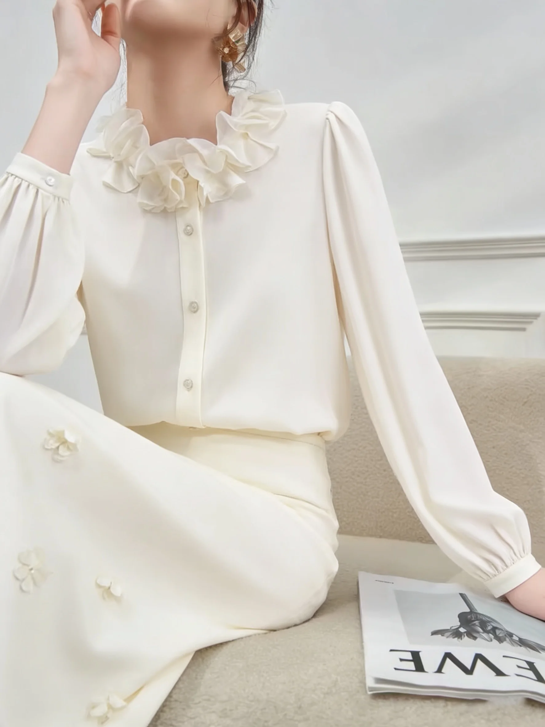

White Petal Collar Shirt And Half Skirt Two Piece Set Women's Loose Summer Fashion Outfit High Waist Pure Color Spring ...