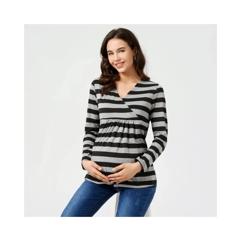 

Новый полосатый модный тренд с v-образным вырезом, весенне-осенний топ с длинными рукавами для кормящих женщин, мягкая и удобная футболка для беременных