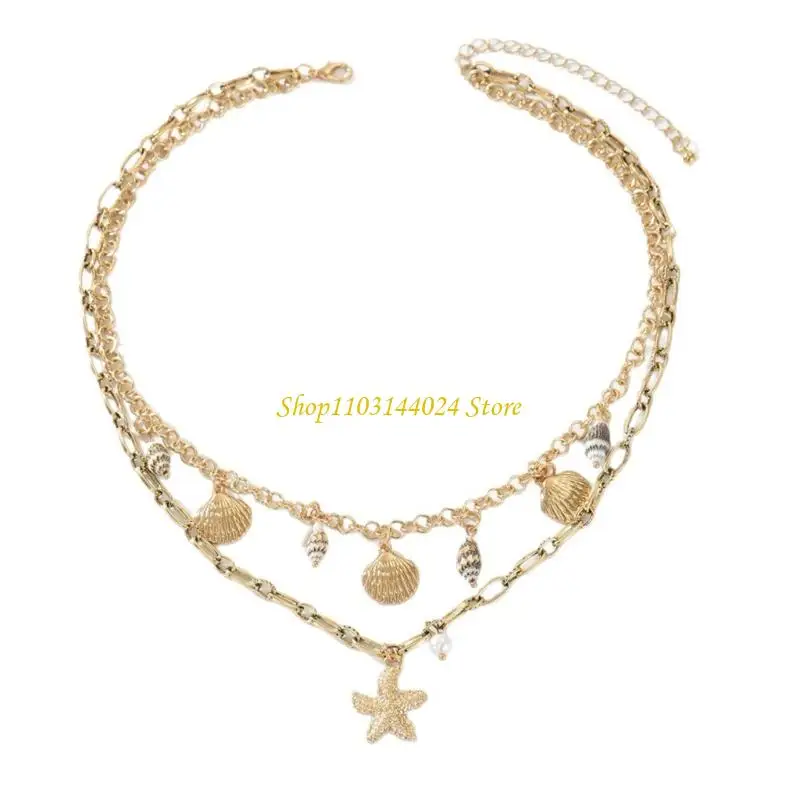N5KE Zinc Alloy Coastal Summer Necklace With Pearls Accents 18+3cm Chain Fashion Stackable Chain For Travel Accessories