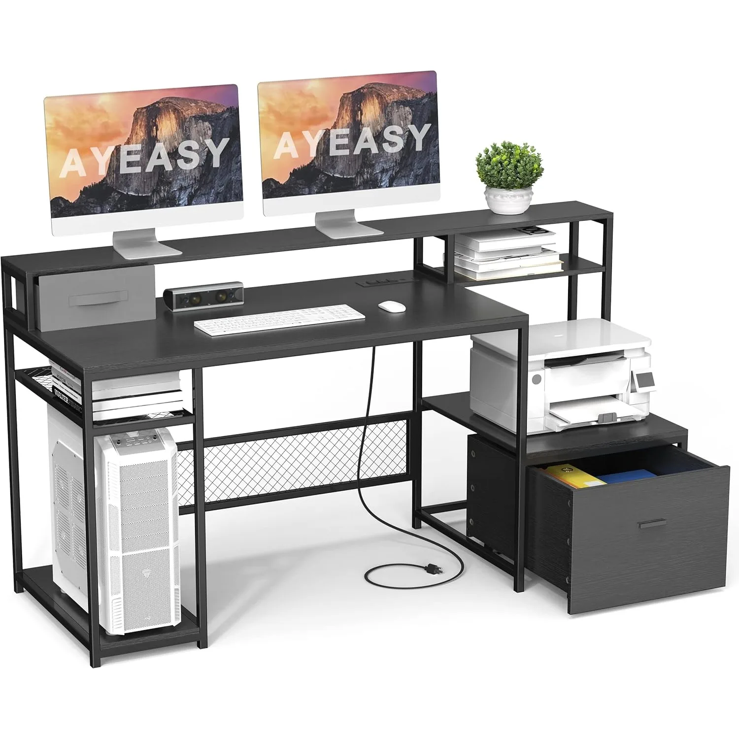 Home Office Desks with Drawers, 66‘’ Computer Desk with Storage, Office Desk with Monitor Stand, Work Desk with Outlets and USB