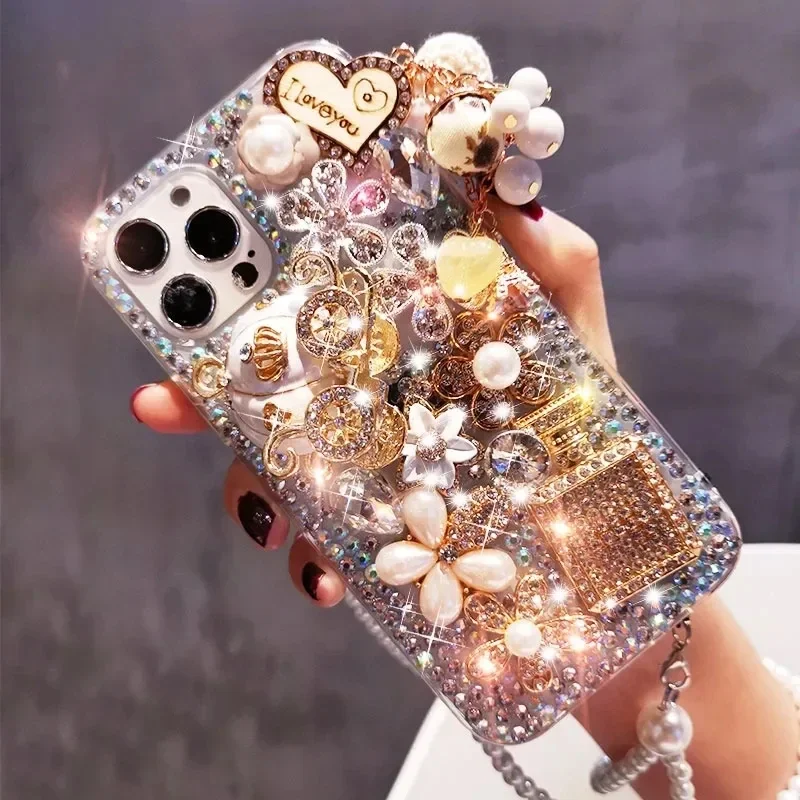 Rhinestone Pumpkin Cart Perfume Bottle Phone Cover, Pearl Crystal Flowers Case, Fit for iPhone16 15, 14 Pro Max, 13, 12, 11, X