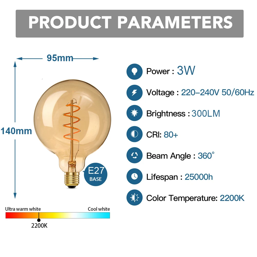 Imagem -02 - Lâmpada Retro Led Espiral Filamento Lâmpada Regulável Vidro Âmbar Vintage Iluminação de Decoração para Casa 3w 220v G95 E27 Retro 2200k