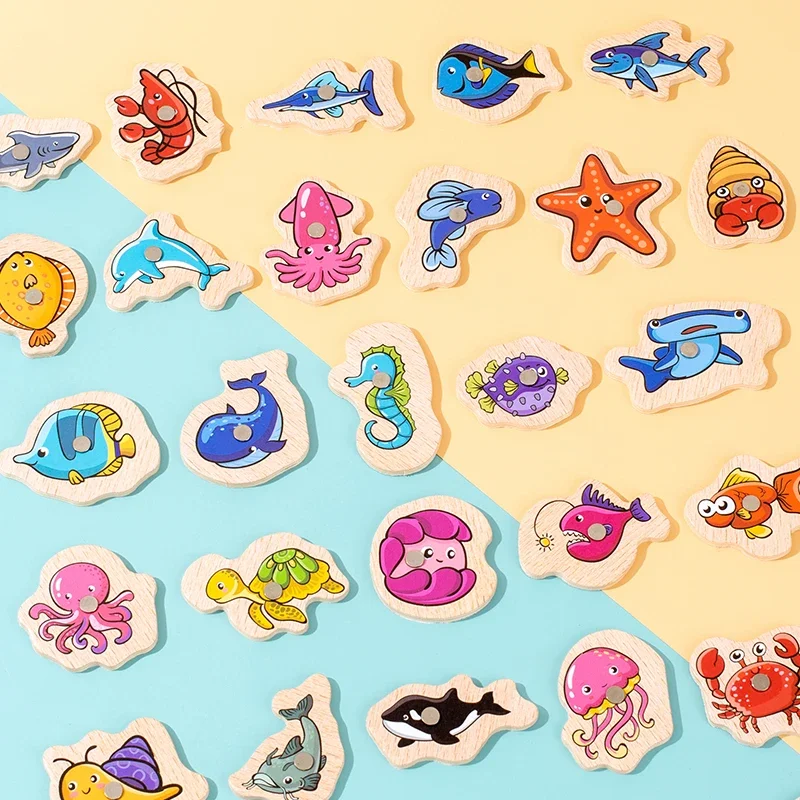 Angeln Spielzeug Montessori Holz Für Kinder Magnetische Marine Leben Erkenntnis Fisch Spiele Eltern-kind-Interaktive Pädagogisches Spielzeug