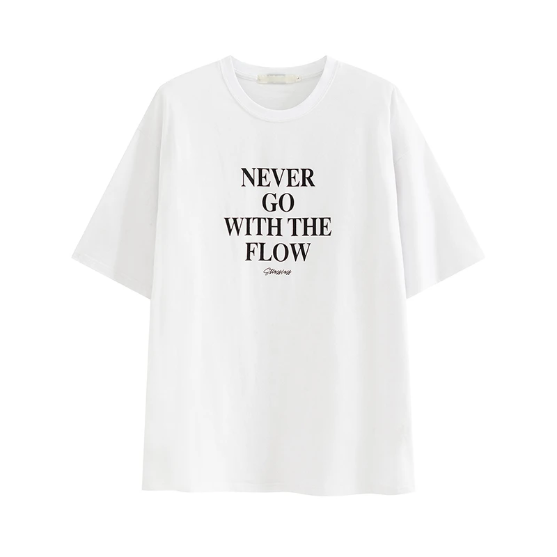 T-shirt rétro américain pour femme, été 2024, ample, long, imprimé, tendance, en coton, col rond, motif textuel