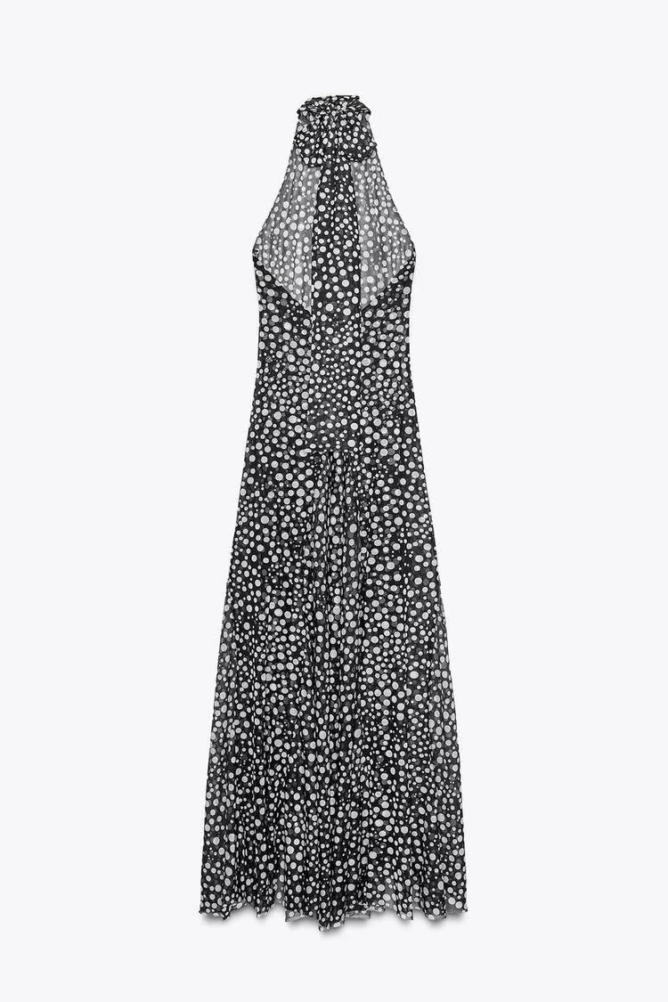 Spring Summer 2025 Polka Dot Ne Hanging Dr Cross-Border Sle Long Fi Tail Gown Soft Polyester Fiber No Sve Women's...