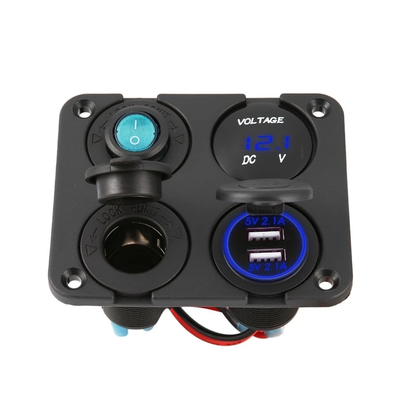 4 In 1 Dual USB Ports Charger, LED Voltmeter, 12V Power Socket And On-Off Switch For Car,Boat & RV LED Switch Panel Blue