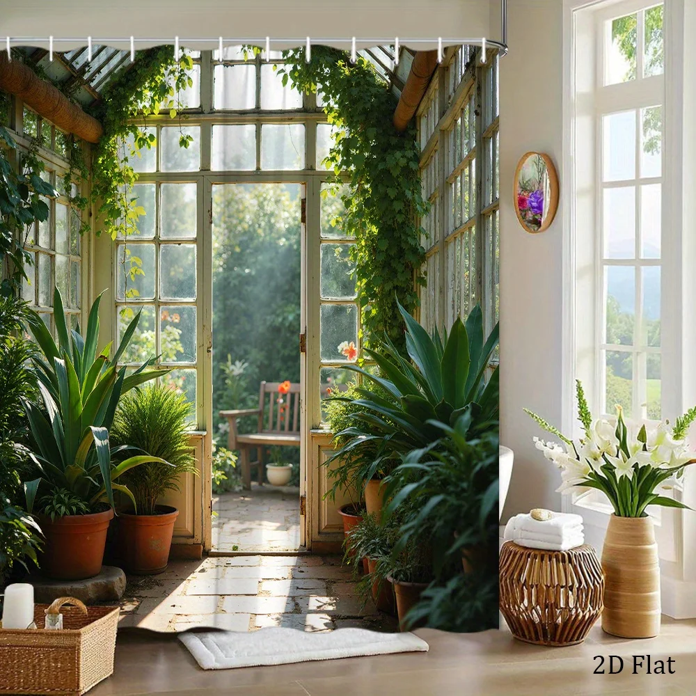 1pc a Sunlit Greenhouse Shower Curtain Featuring Rustic Glass Designs with Climbing Vines And Agave Plants, Creating a Tranquil
