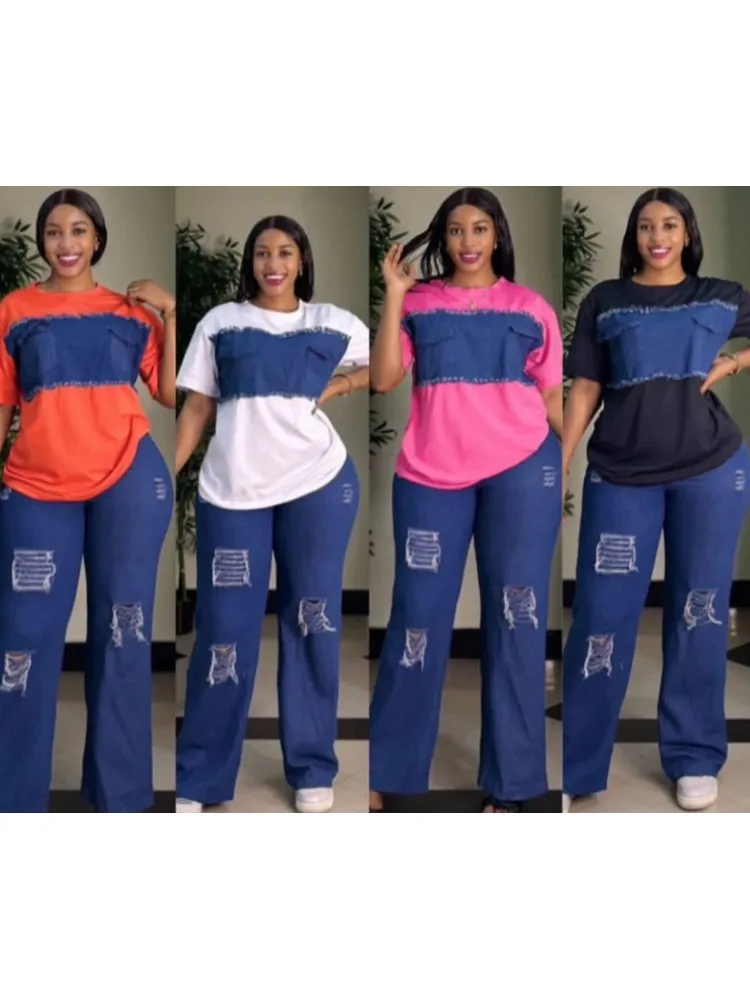 2 Piece Women Sets Dashiki African New Arrival Denim Matching Sets Two Pieces Sets Top And Jeans Pants Suits Outfits Clothing