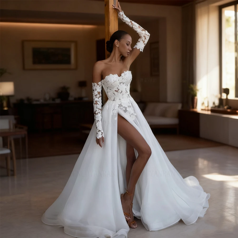 Elegant Boho Wedding Dresses Applique Detachable Sleeves Wedding Bride Dress A-line Long Dress For Wome 2025 Vestidos De Novia