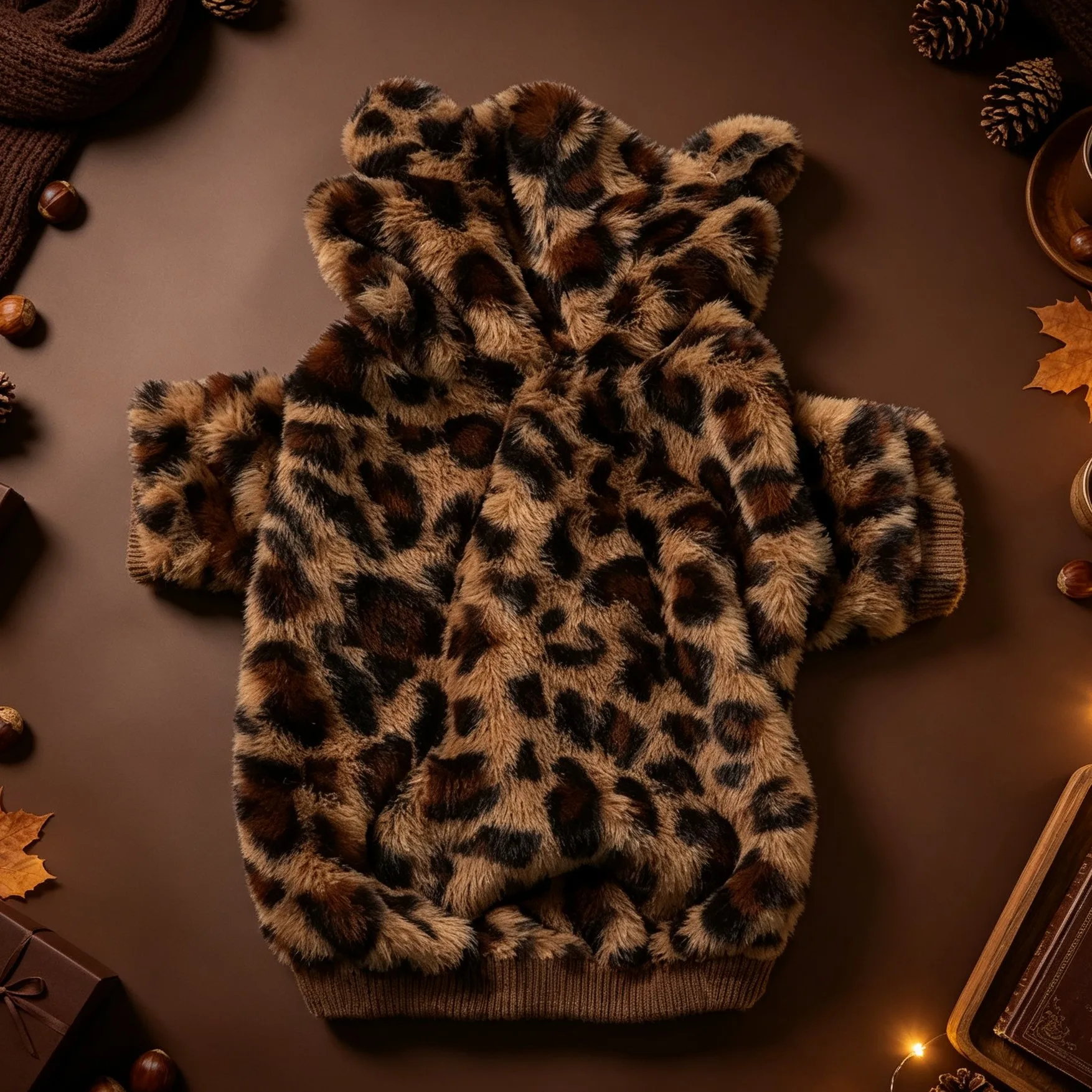 Hundejacke, Retro-Leopardenmuster, Kunstfell-Teddybär-Ohren, Kapuzenjacke mit Reißverschluss, dicke, flauschige, warme Haustierjacke – Detail 7
