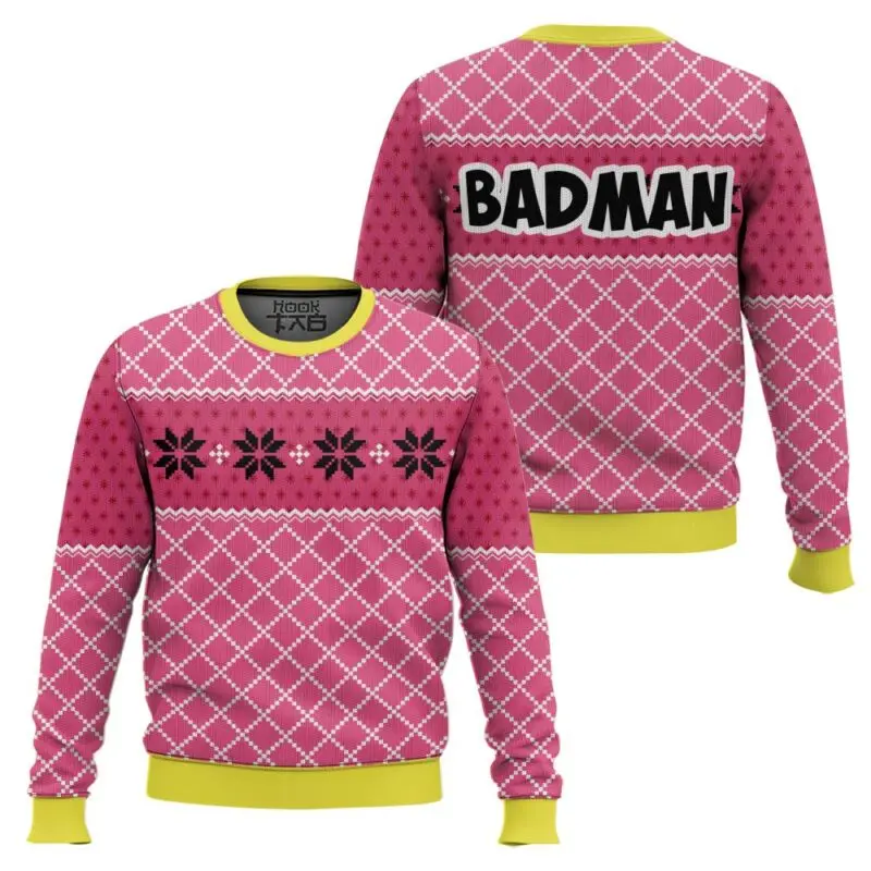 

Pink Badman Z Ugly Christmas Sweater Funny Holiday Party Pullover Warm Cozy Oversize Classic Anime Sweater Xmas Gift 2026