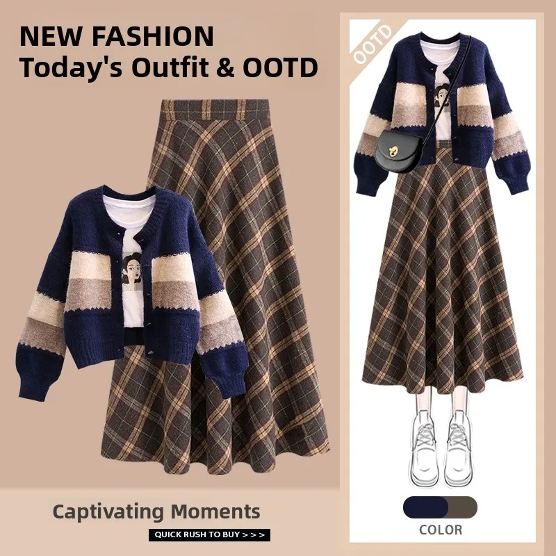 

Faionable Striped Color Blo V-Ne Sweater And Plaid Skirt Commute Set for Women Autumn Winter Small Size Two-Piece ...