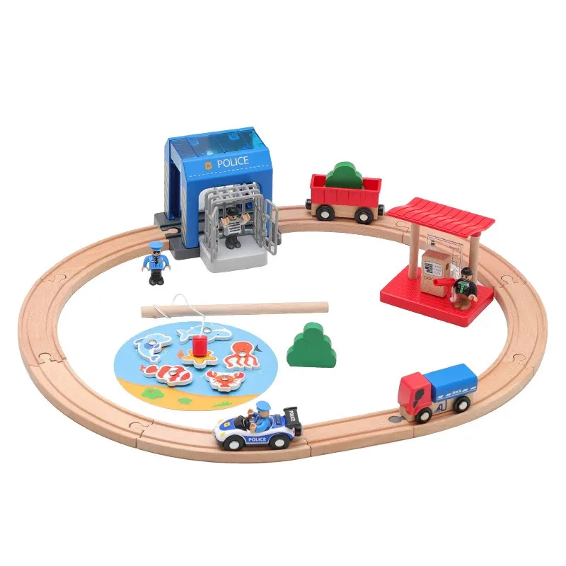 

TOPMAYA Diy Wooden Train Track Set Police Station Is Compatible With All Brands Of Railway Toys Road Accessories For Children Gi