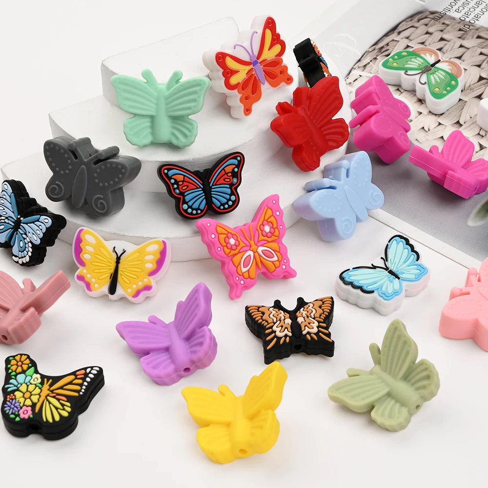 

5 шт., силиконовые бусины с изображением животных, красочные бусины-бабочки для прорезывания зубов, сделай сам, пищевая цепочка для соски, держатель для пустышки, зажимы, аксессуары