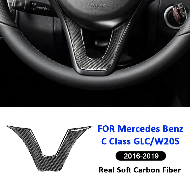For Mercedes Benz 2016-2019 C Class GLC W205 Carbon Fiber Car Steering Wheel U-Shape Panel Decoration Sticker Interior Parts