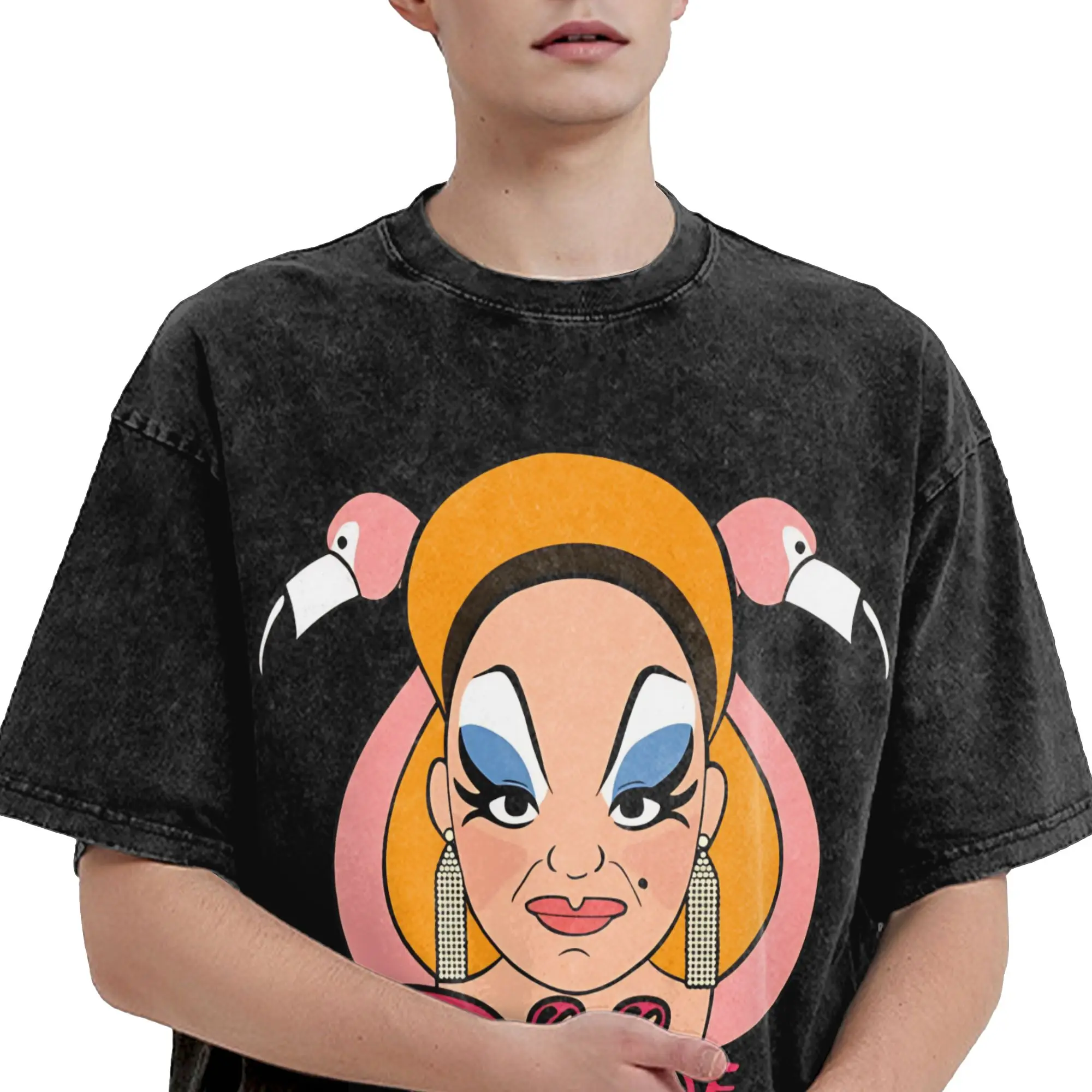 Harajuku Washed Shirt Pink Flamingos John Waters Divine  Merch Novelty T-Shirts Oversize  Streetwear Short Sleeve Printed Tees