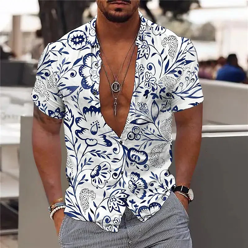 2022 Hawaii men's shirt cotton party beach casual fashion short-sleeved loose tops breathable lapel