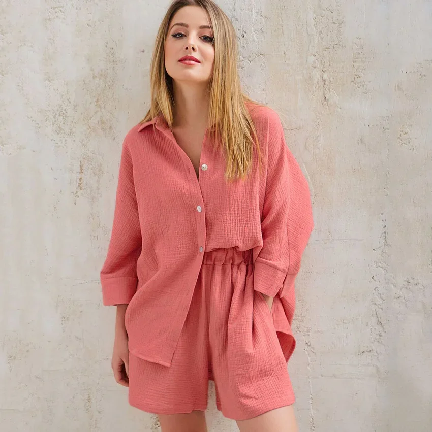 Summer Long-sleeved Shorts Suit for Women Thin Casual Crepe Home Clothes Pajamas Cotton Womens Sets