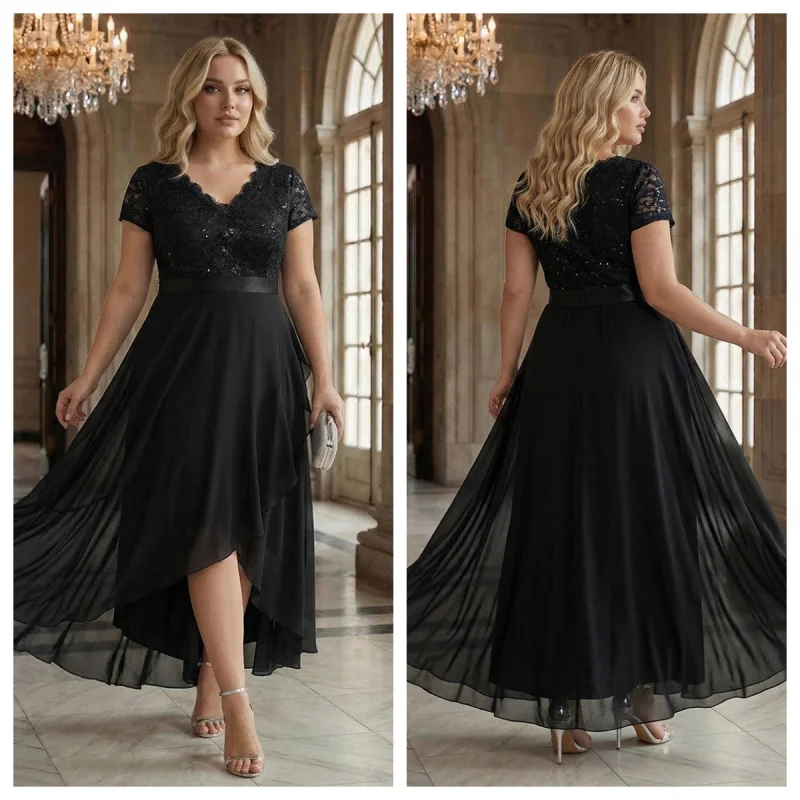 Schwarzes Spitzen-Abendkleid für Damen in Übergröße mit tiefem V-Ausschnitt aus Chiffon, hoher Taille mit Kordelzug und asymmetrischem Saum
