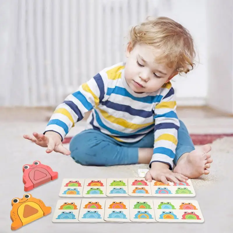 Wooden Frog Puzzle Educational Puzzles Toys With 20 Double-Sided Cards Frog Puzzles Color Recognition Shape Matching Toys For