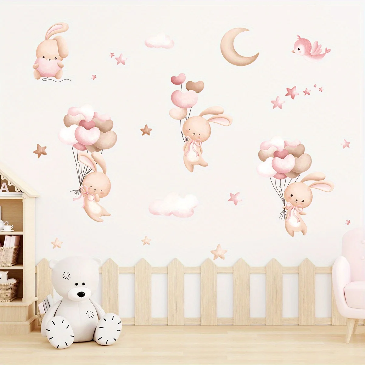 Cartoon Cute Rabbit Balloon Animal Wall Stickers Removable for Kids Room Living Room Nursery Background Decoration Wall Decals