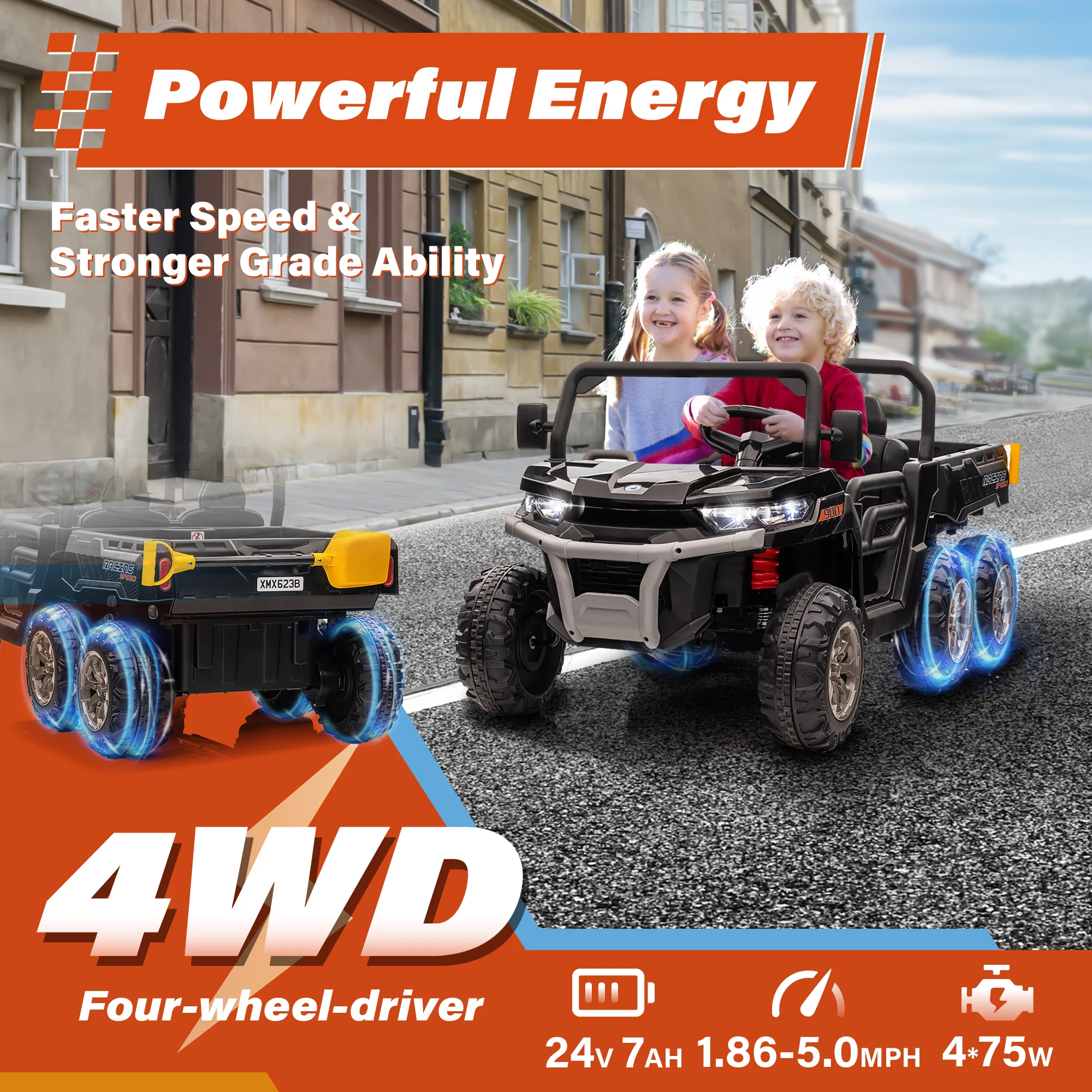 24V kindervoertuig met dubbele zitplaats - 4×75W krachtige motor, afstandsbediening/handmatige dubbele modus, draadloze muziek + elektrische dum