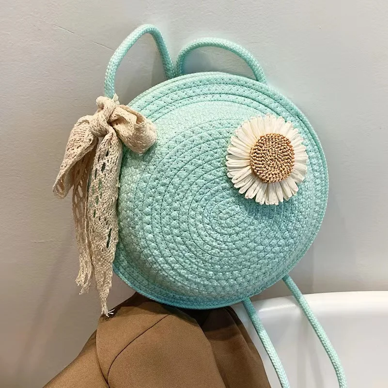 2023 Flower Graphic Circle Straw Bag, Vintage Shoulder Beach Bag, Women\'s Crossbody Purse Mini Floral Decor Straw Crossbody Bag