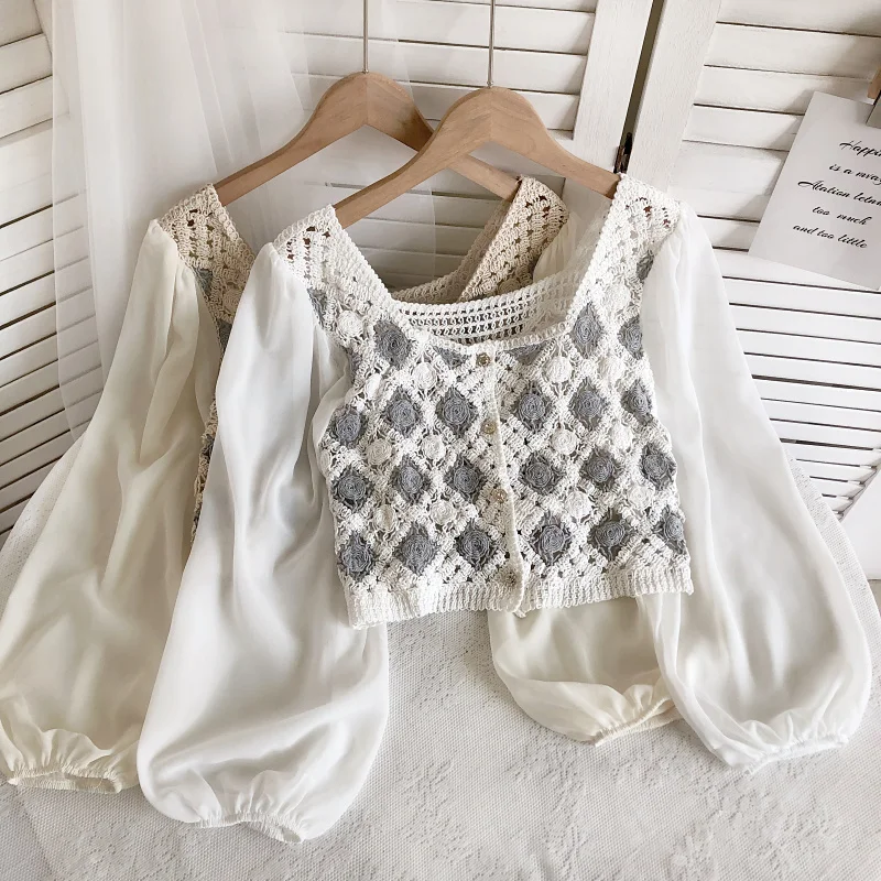 Top all'uncinetto con maniche in chiffon Ricamo a rombi Collo quadrato Camicetta finta in due pezzi Primavera Estate Fairycore Cottagecore