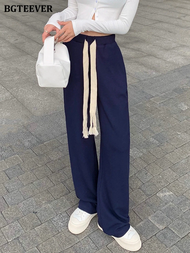 BGTEEVER Spring Drawstring Trousers for Women Casual Elastic Waist Loose Pockets Solid Wide Leg Long Pants Female
