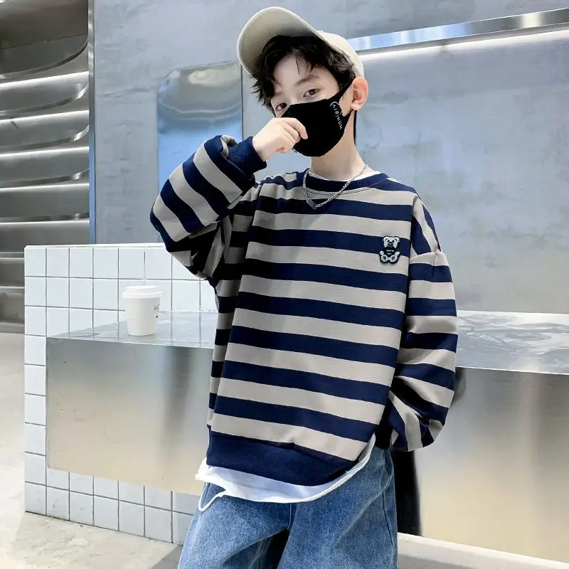 

Новое поступление для мальчиков среднего и большого размера, весна/осень, многослойный топ без капюшона, детский свитшот