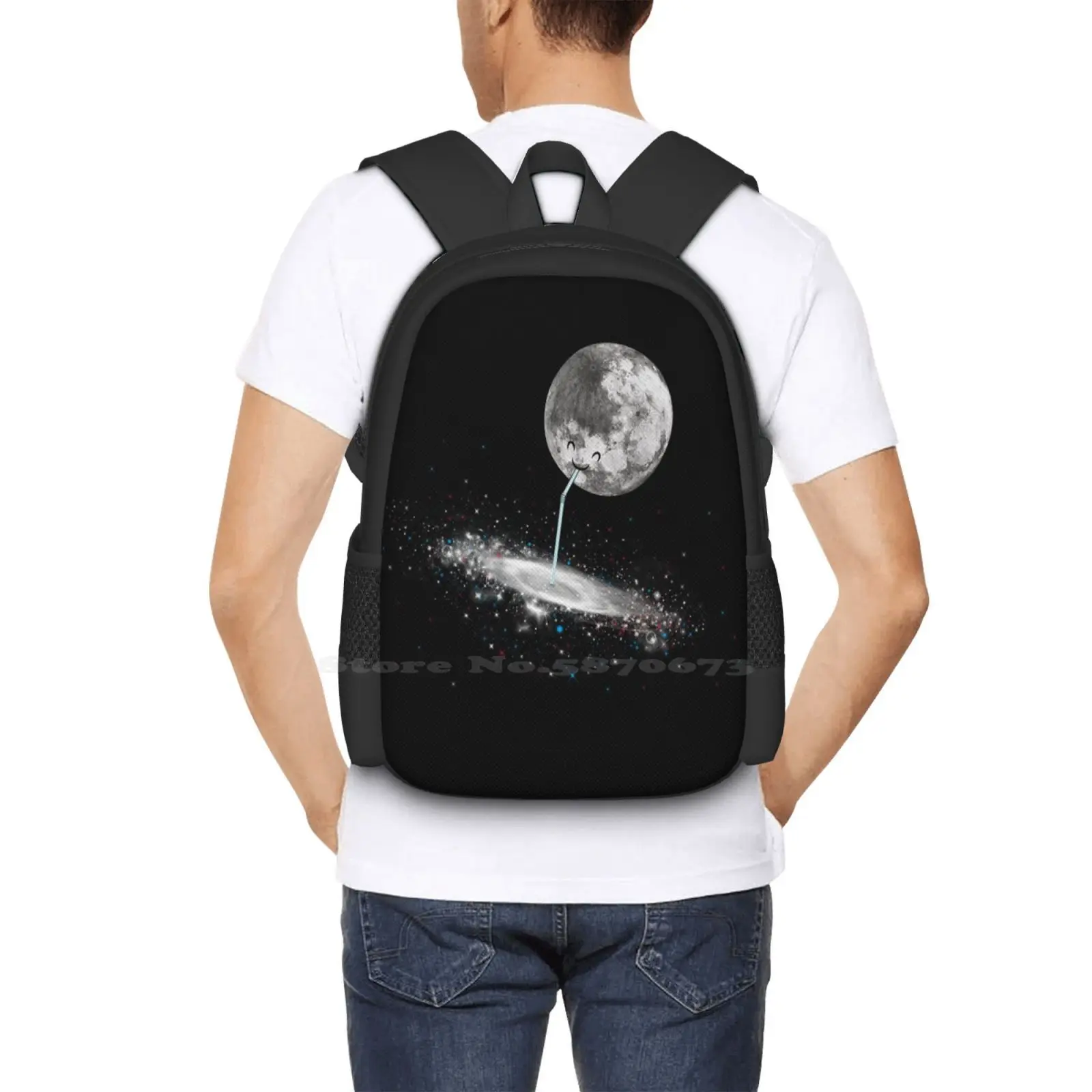 Luna Finds A Drink Pattern Design Laptop Travel School Bags Moon Space Stars Galaxy Universe Luna Milky Way Straw Cute Doodle