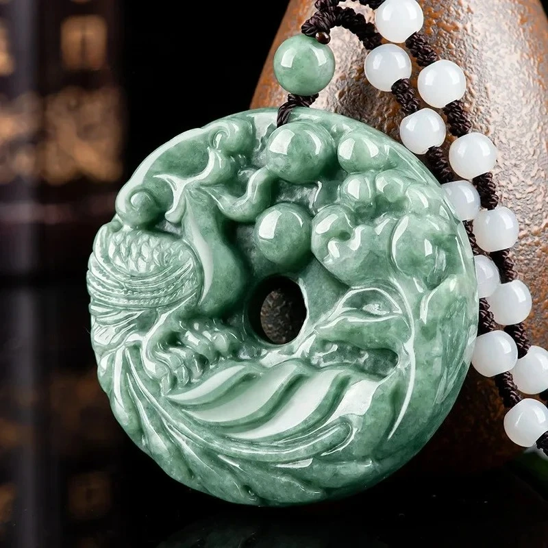 Natural A-goods Jadeite Phoenix Amulet Pendant Hand-carved Exquisite Luxury Ice Jade Necklace Men and Women Mascot Holiday Gift