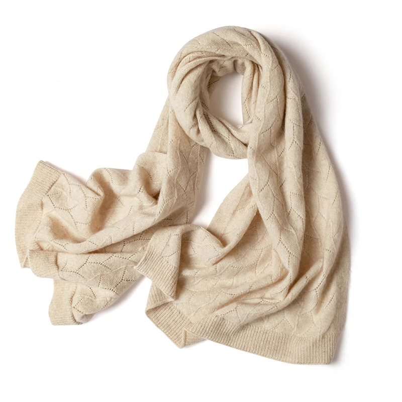 100% Australian pure cashmere women's scarf, warm, knitted, versatile, hollow flower, 2024 autumn and winter new style