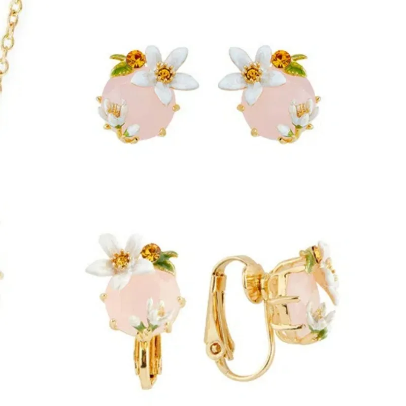 

Fashion Opal Pink Glass White Orange Flower Topaz Rhinestone Light Luxury Design Sense Ear Clip Cute Small Women Stud Earrings