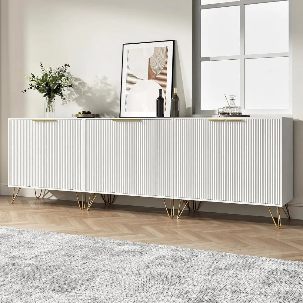 

White Buffet Cabinet Set of 3, Storage Cabinet with Metal Legs and Adjustable Shelf, Sideboard Coffee Bar Cabinets with 2 Doors