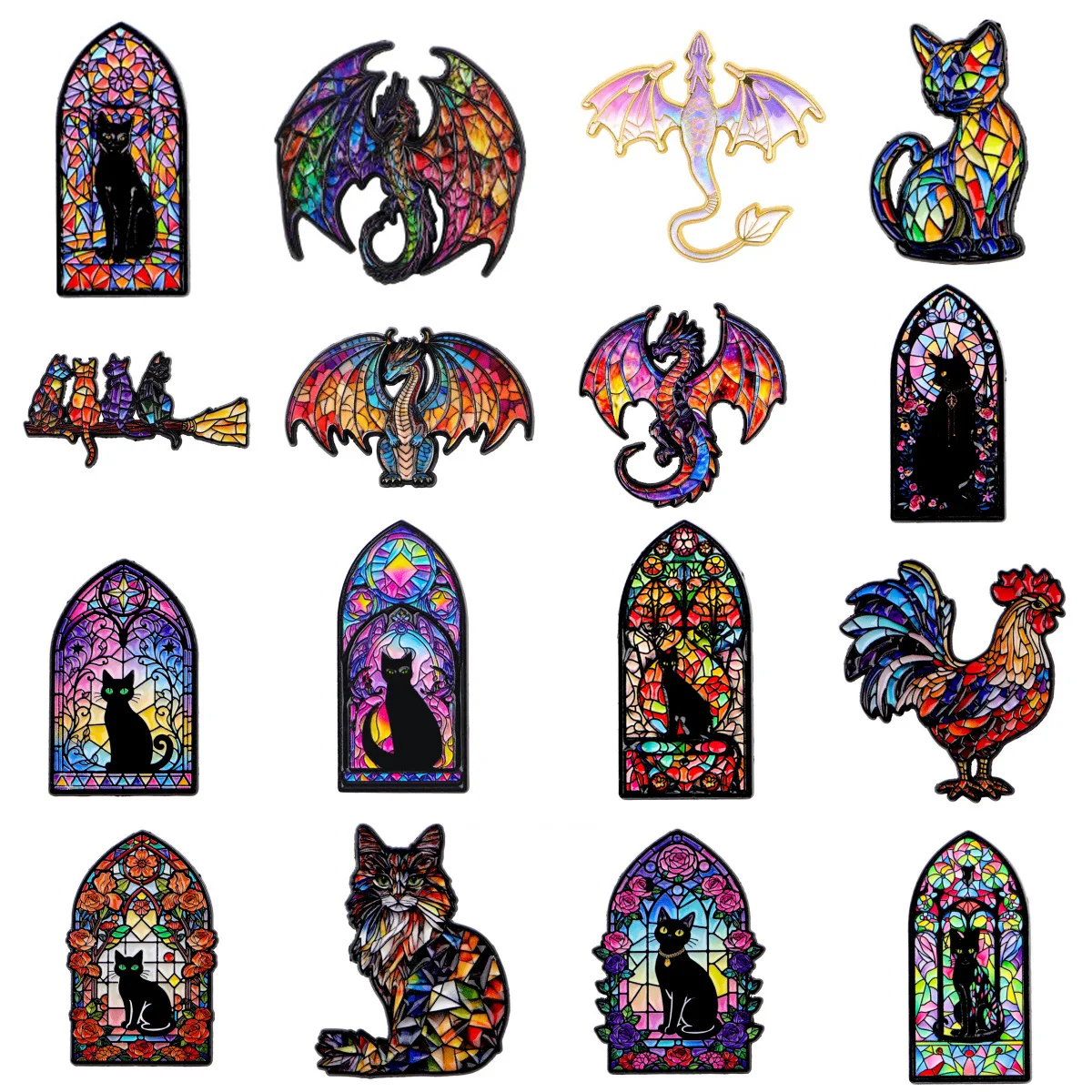 Stained Glass Enamel Brooch Dragon Cat Rooster Badges Vintage Animal Lapel Pins For Women Men Backpack Jewelry Gift Accessories