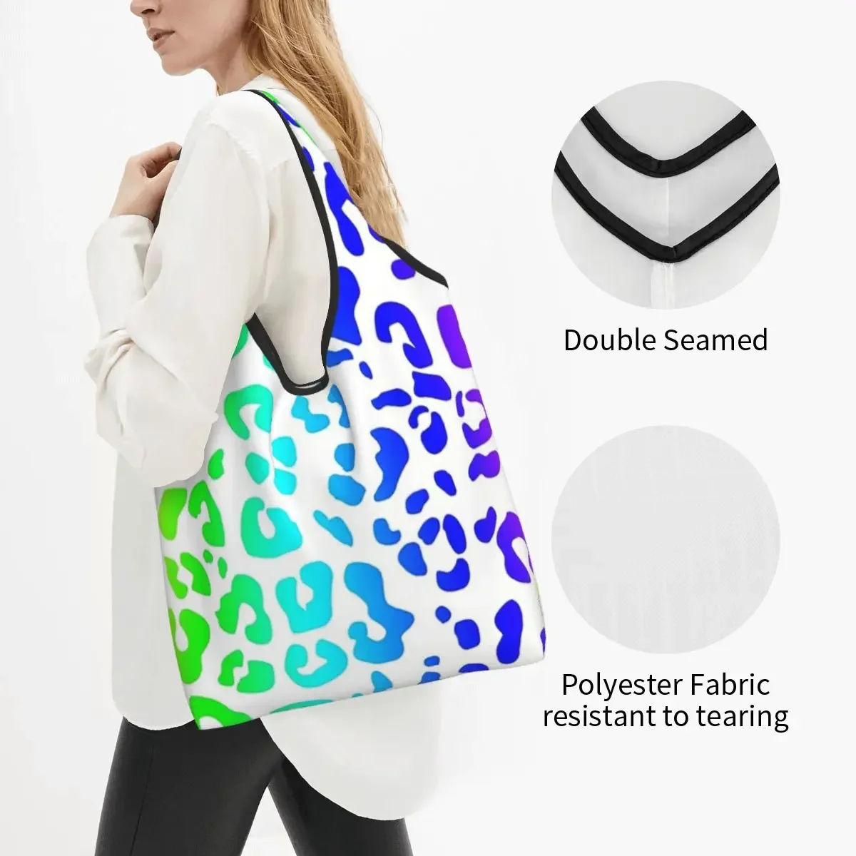 Rainbow And White Spots Leopard Print Portable Tote Shopping Bags Foldable Shopper Bag Grocery Handbag Shoulder Bag