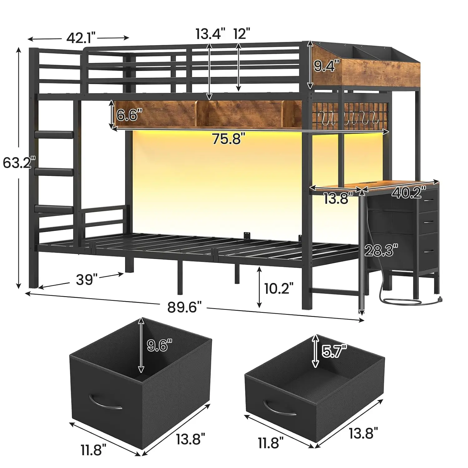 Bunk Bed Twin Over Twin with Charging Station and LED Lights, Heavy Duty Metal Bunk Bed with Desk and 3 Storage, Customized