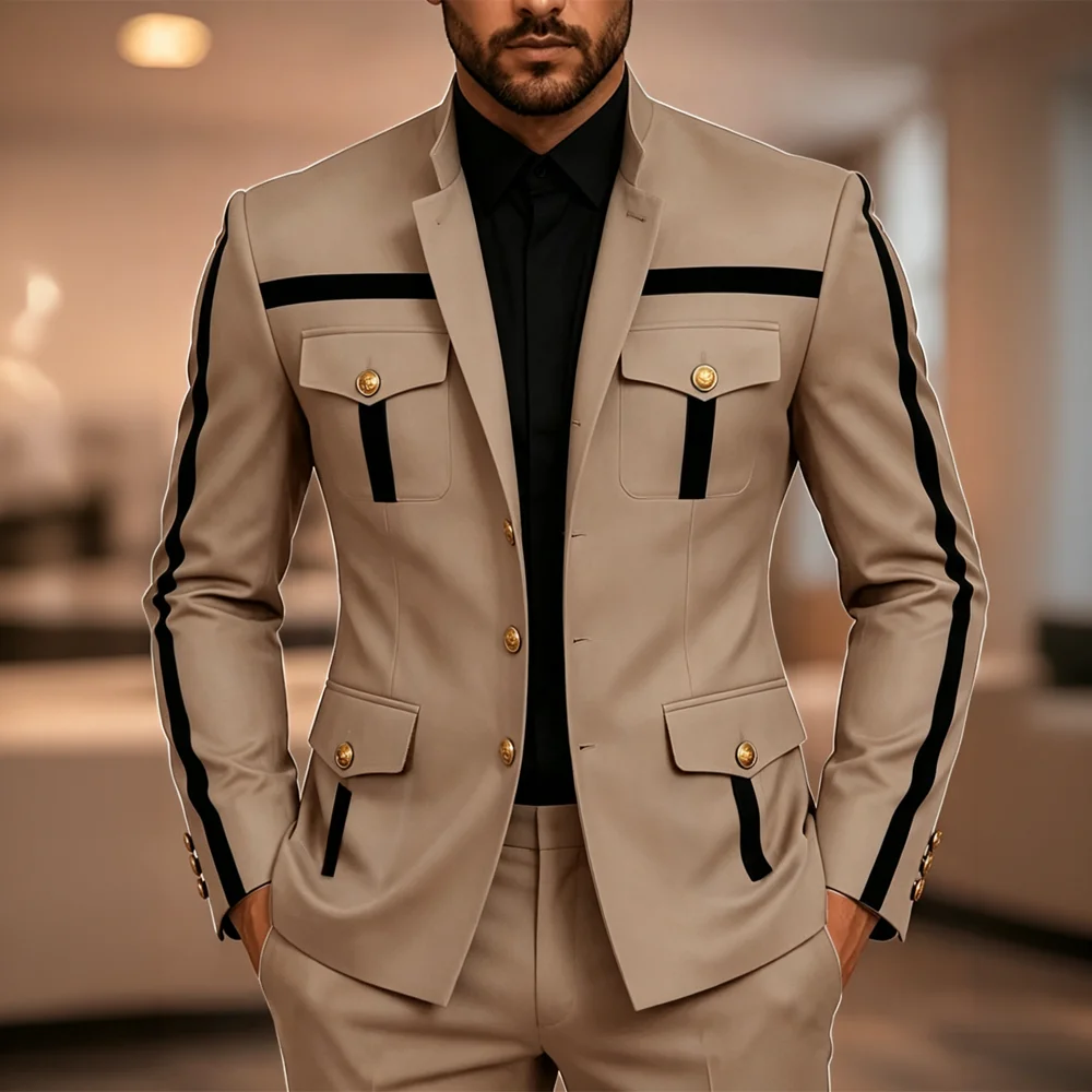 Men's Formal 2-Piece Suit: Mandarin Collar Jacket and Trousers – Groom's Wedding Tuxedo / Latest Design Workwear