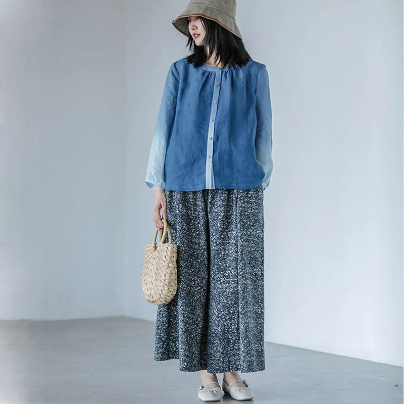 Spring And Autumn Women's Cotton And Linen Print Elastic Waist Loose Wide Leg Pants Pastoral Style Casual Pants Nine-Point Pants