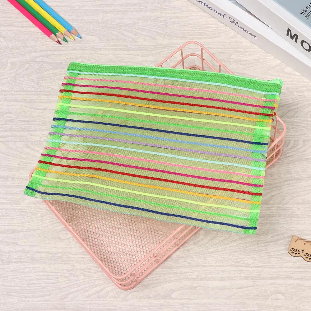 1pc Solid Color Handbags Cosmetic Stationery Makeup Nylon Mesh Pen Bag Zipper Pencil Case Grid Cosmetic Storage