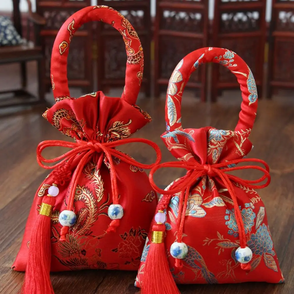 Chinese Style Red Wedding Brocade With Tassels Party Supplies Candy Bag Handle Bag Package Bag Wedding-favor Gift