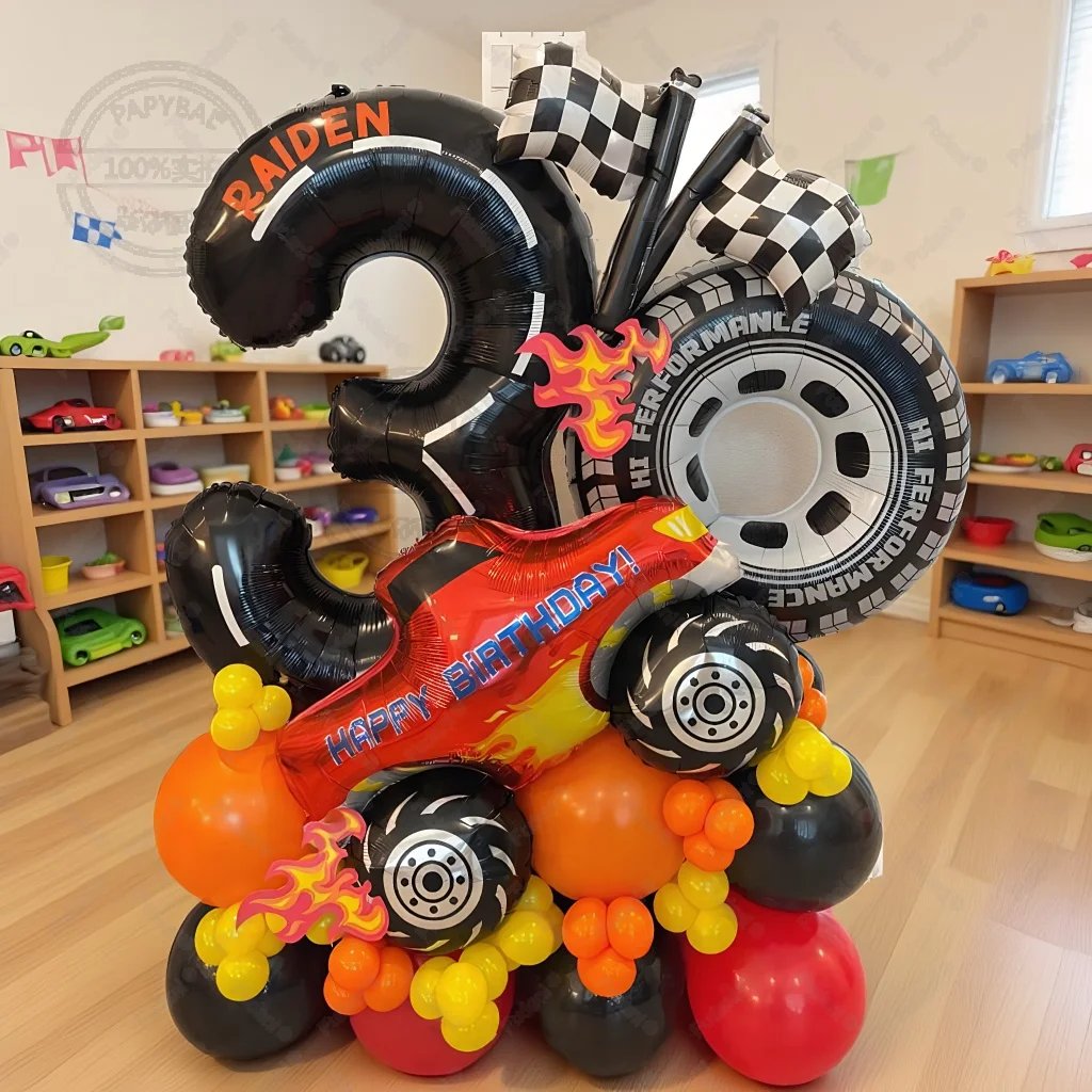 61 قطعة سباق السيارات موضوع الإطارات احباط بالون مجموعة متقلب العلم 1-9 سنة بنين حفلة عيد ميلاد الديكور سحب سريع استحمام الطفل #2