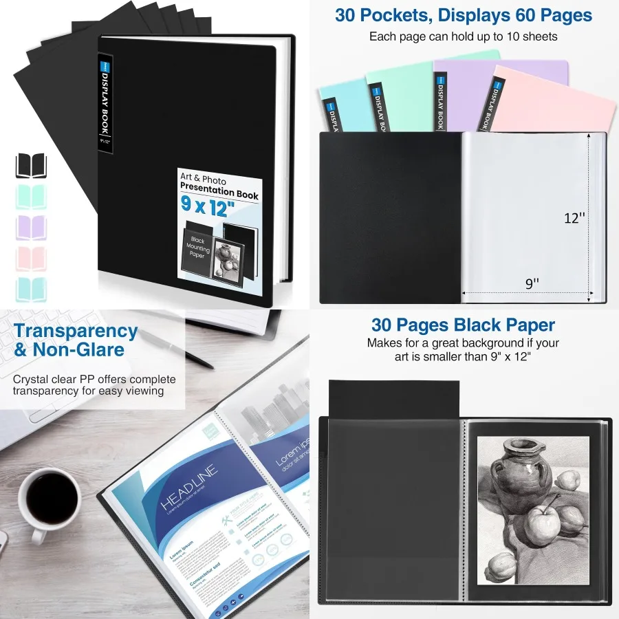 

Арт-портфель Sooez 9x12 с пластиковыми рукавами, 30 карманов, дисплей, 60 страниц, черная монтажная бумага, презентационная книга для искусства