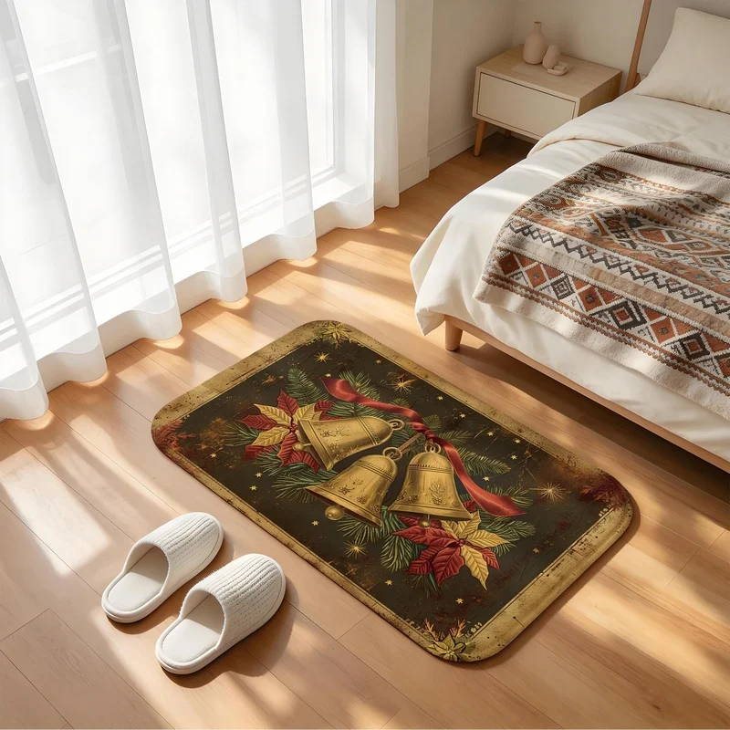 Antique Style Christmas Bell Doormat Retro Poinsettia Pine Branch Non Slip Floor Mat Holiday Home Entrance Decoration Rug