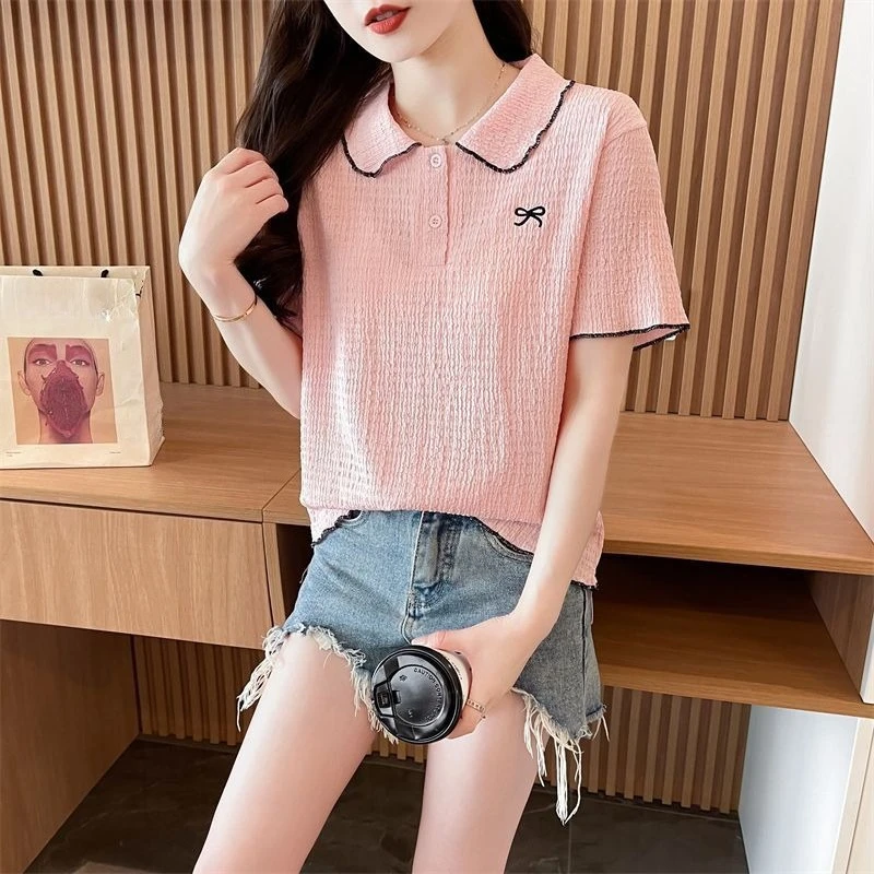 Women's Korean New Arrival High End Jacquard Designer Short Sleeve T-shirt Summer Commute Slimming Tummy Control Fit Trendy Top