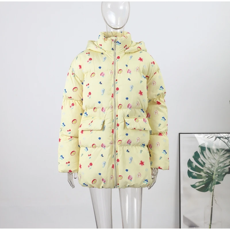 Women's Floral Print Hooded Puffer Jacket with Bow Decor Cute Oversized Winter Warm Coat Loose Casual Feminine Outerwear Fashion