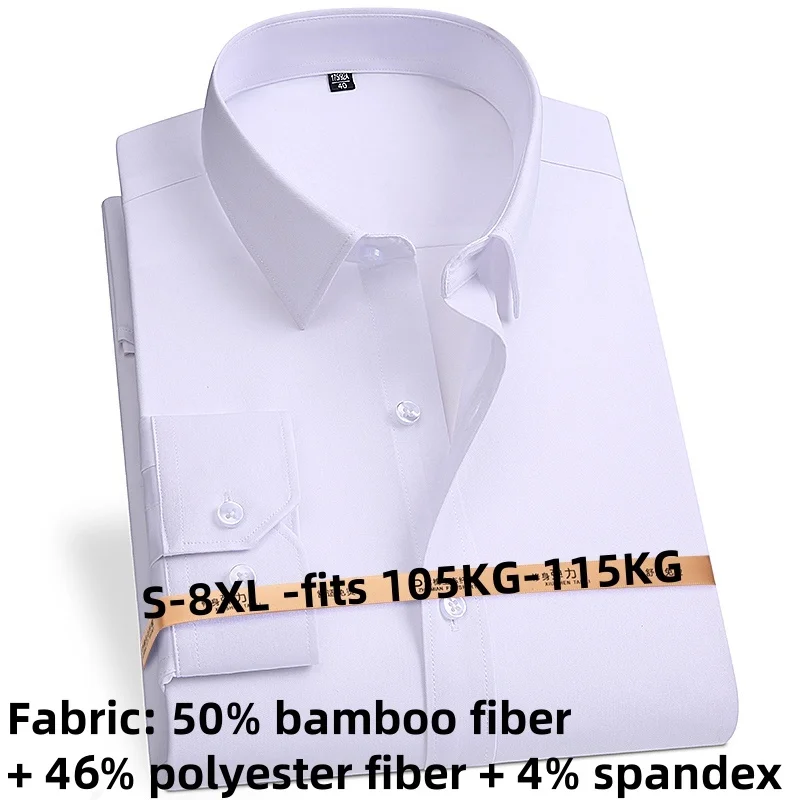 8XL High Quality Bamboo Fiber Anti-Wrinkle Mens Shirts Long Sleeve Slim Fit Camisa Social Business Men Shirt Long Sleeve White